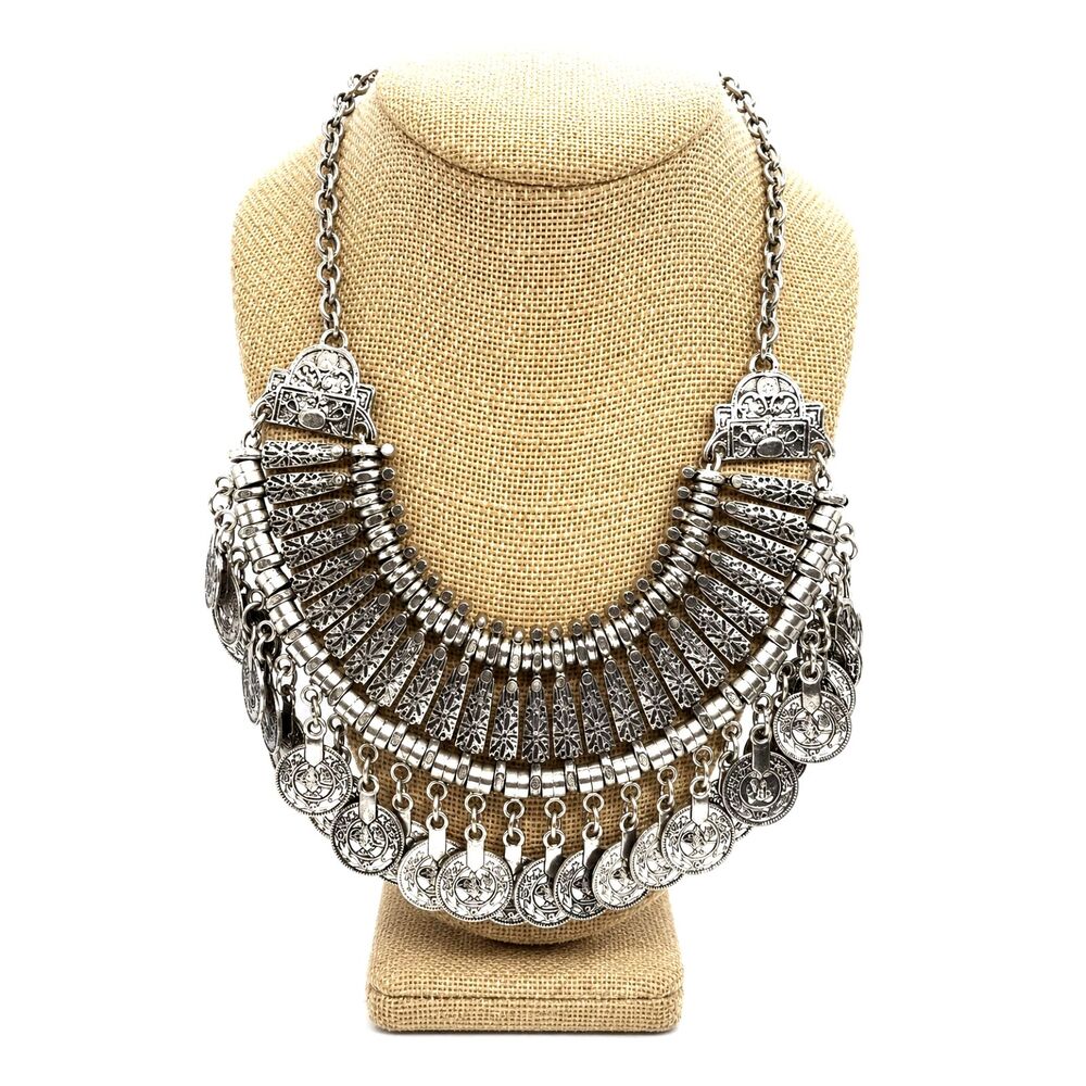 Coin Necklace Silver Tone Tribal Gypsy Festival Statement Bib Plate Boho